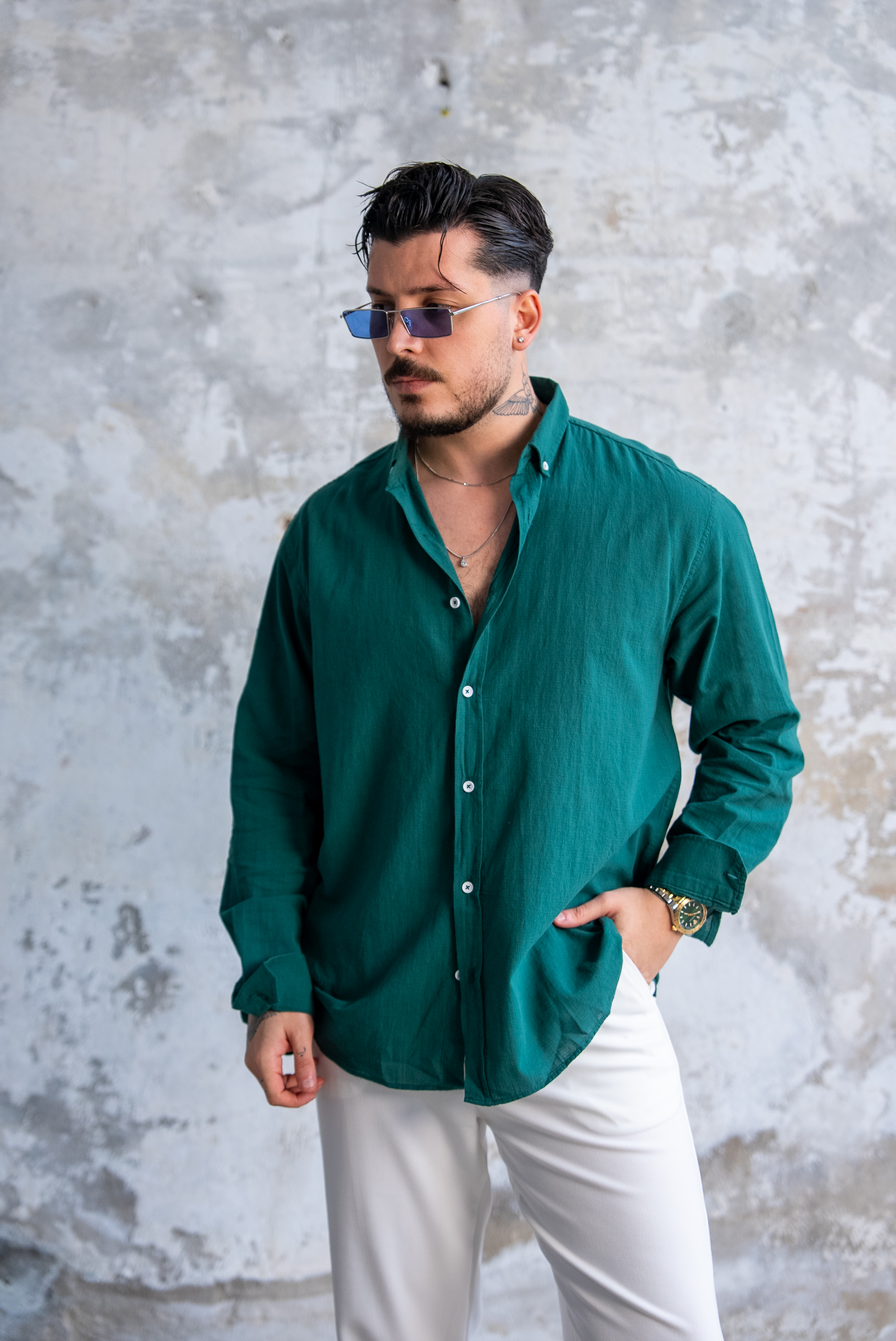 Keten Düğmeli Oversize Gömlek Zümrüt Yeşili