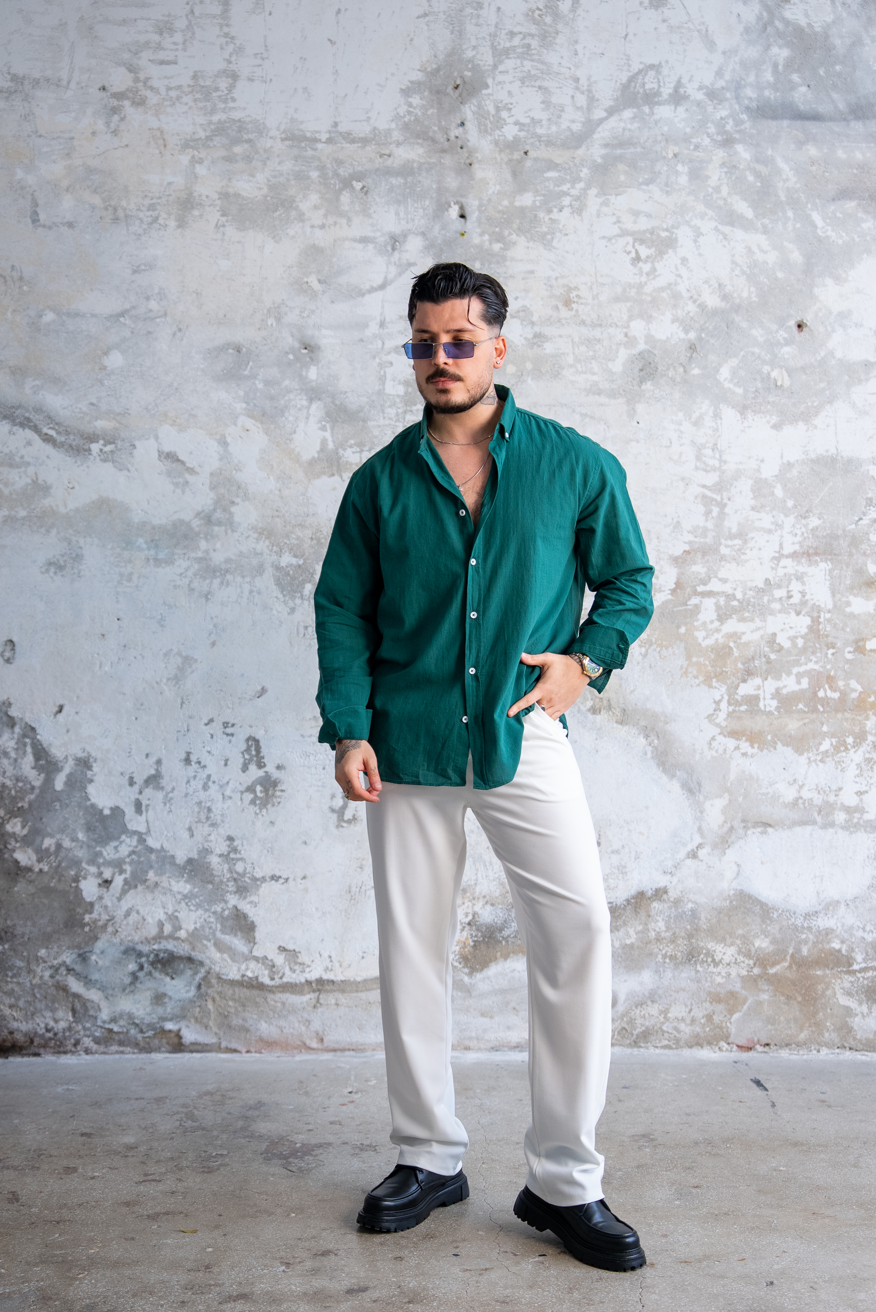Keten Düğmeli Oversize Gömlek Zümrüt Yeşili