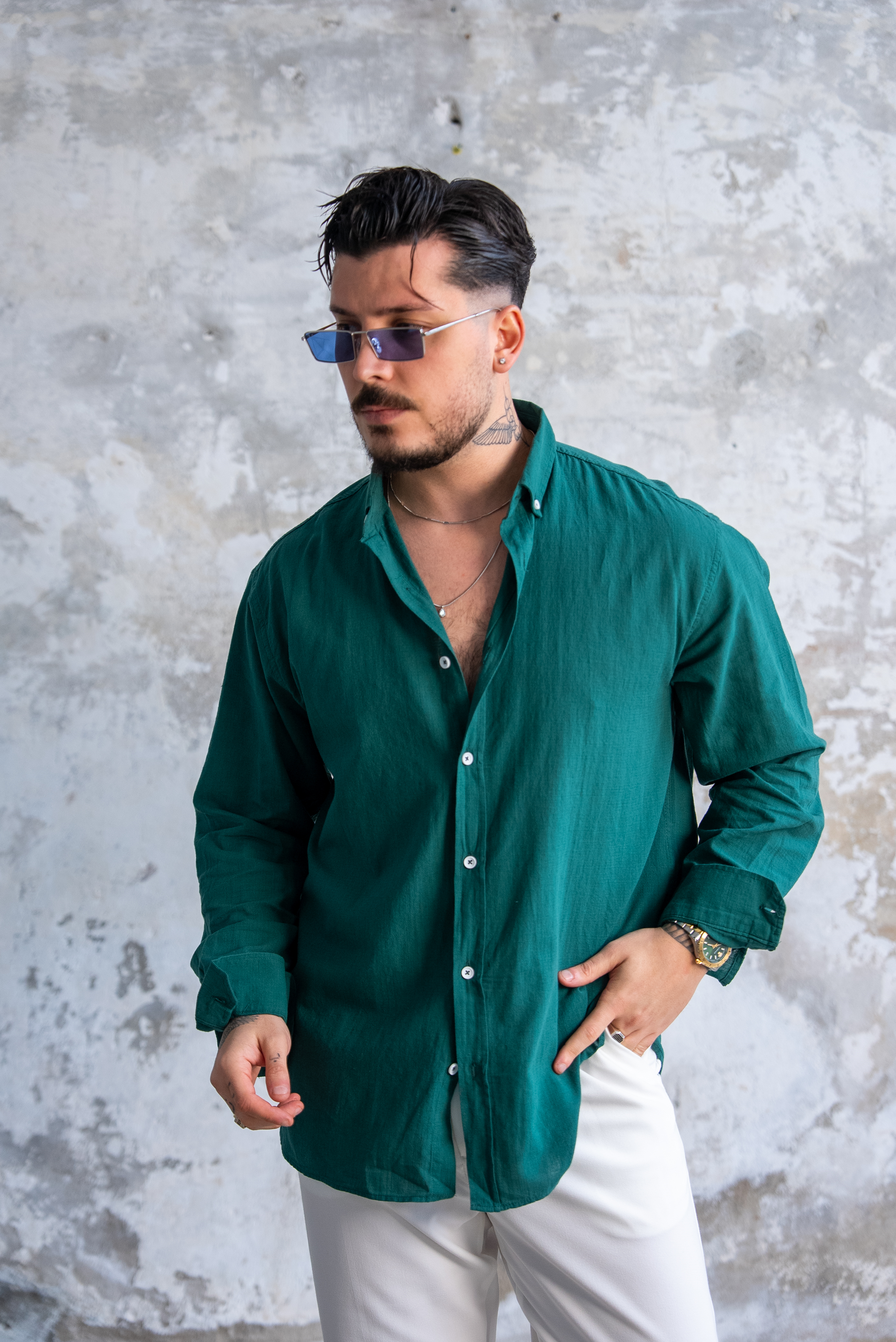 Keten Düğmeli Oversize Gömlek Zümrüt Yeşili