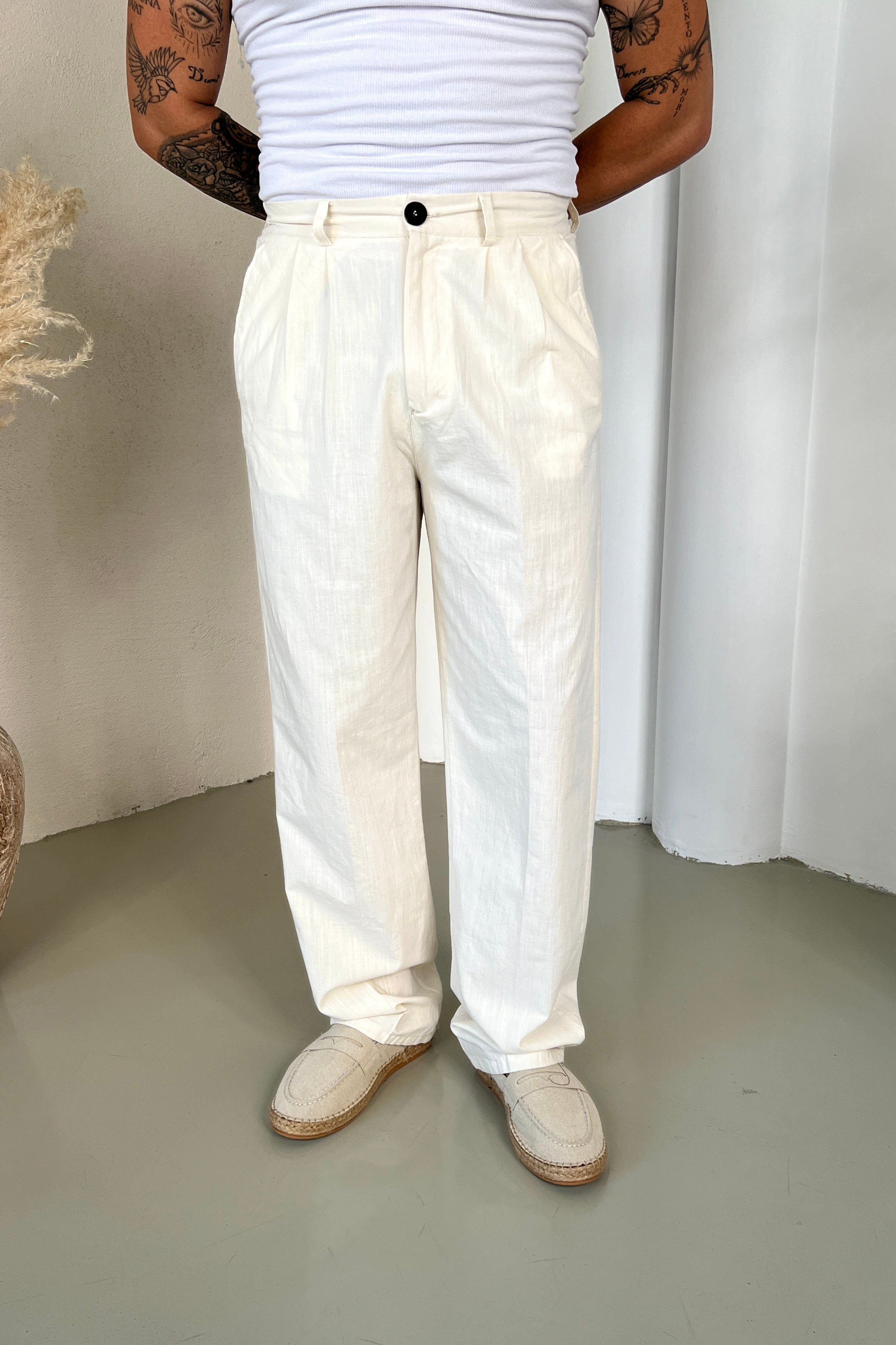 Keten Extra Dökümlü Pantolon Krem