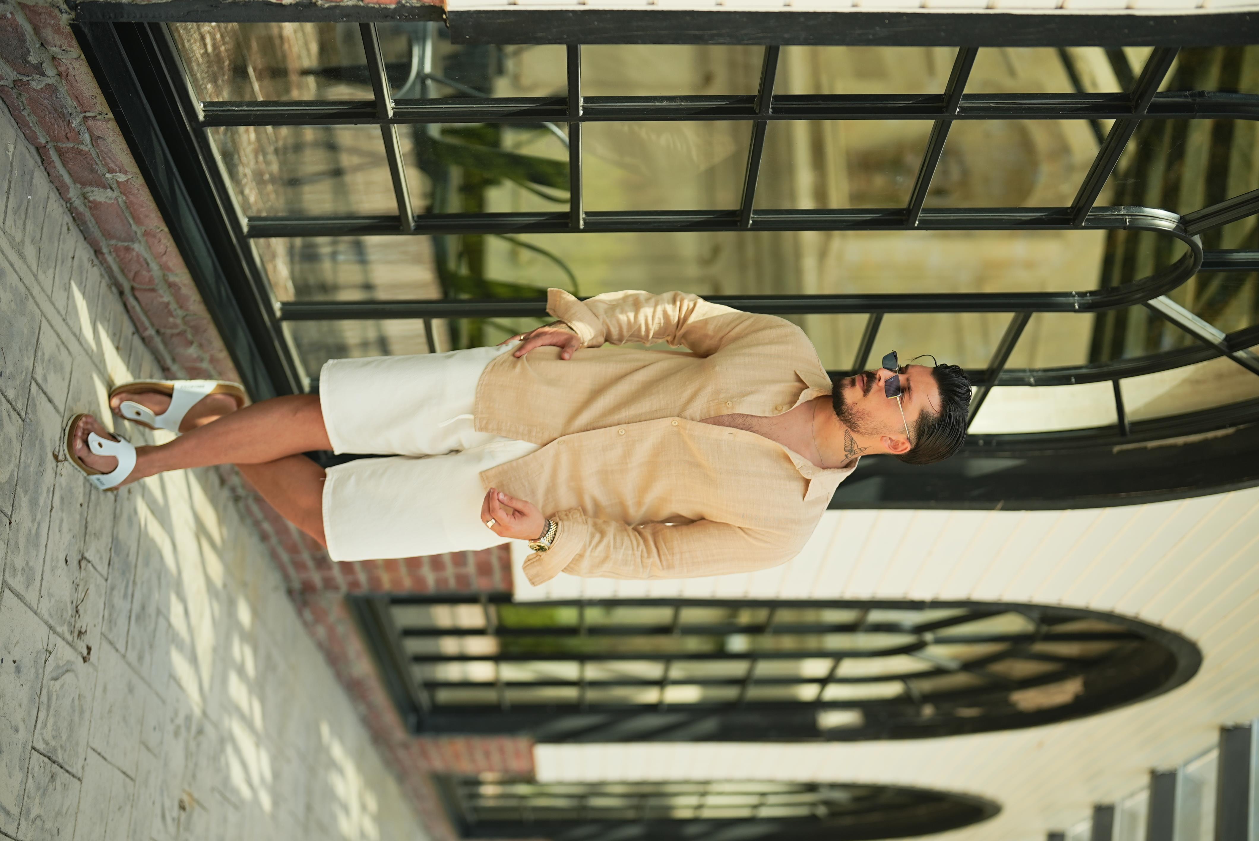 Keten İşlemeli Bol Kalıp Gömlek Bej