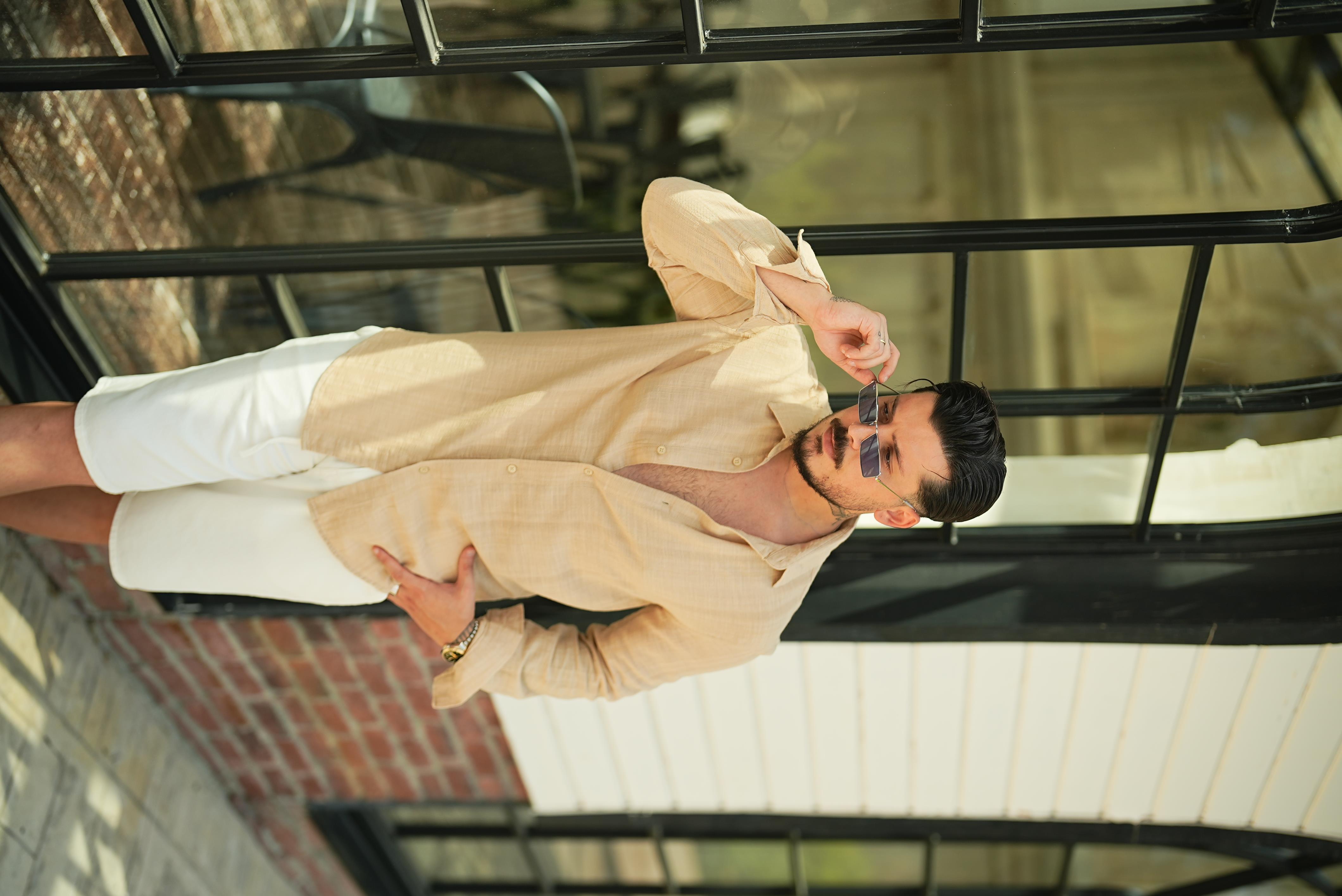 Keten İşlemeli Bol Kalıp Gömlek Bej