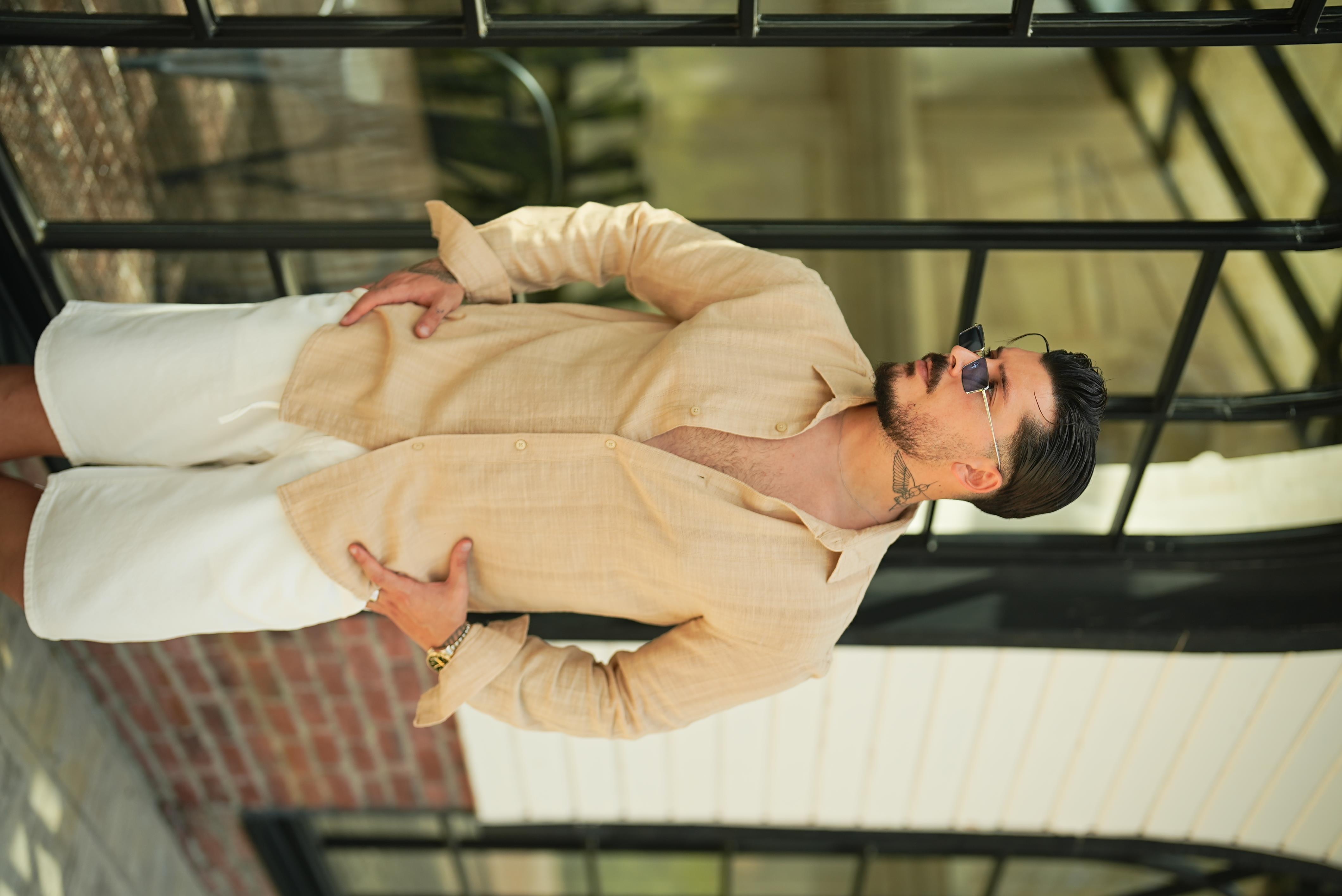 Keten İşlemeli Bol Kalıp Gömlek Bej