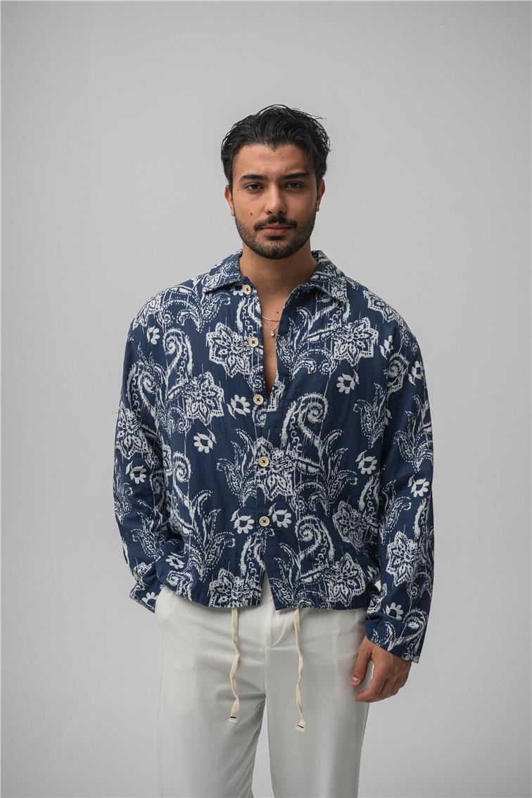 Keten Tropikal Gömlek Koyu Mavi