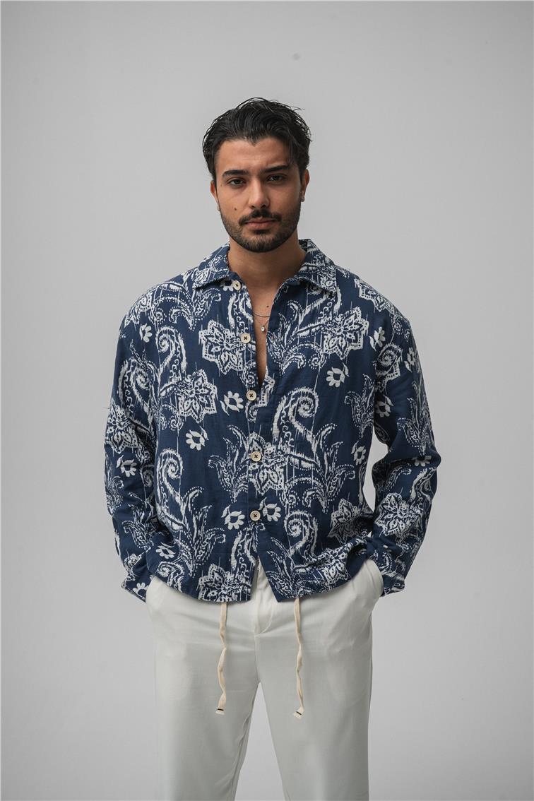 Keten Tropikal Gömlek Koyu Mavi