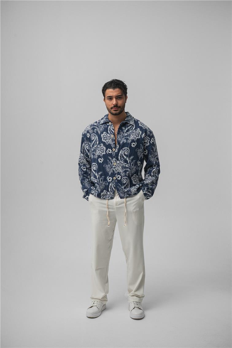 Keten Tropikal Gömlek Koyu Mavi