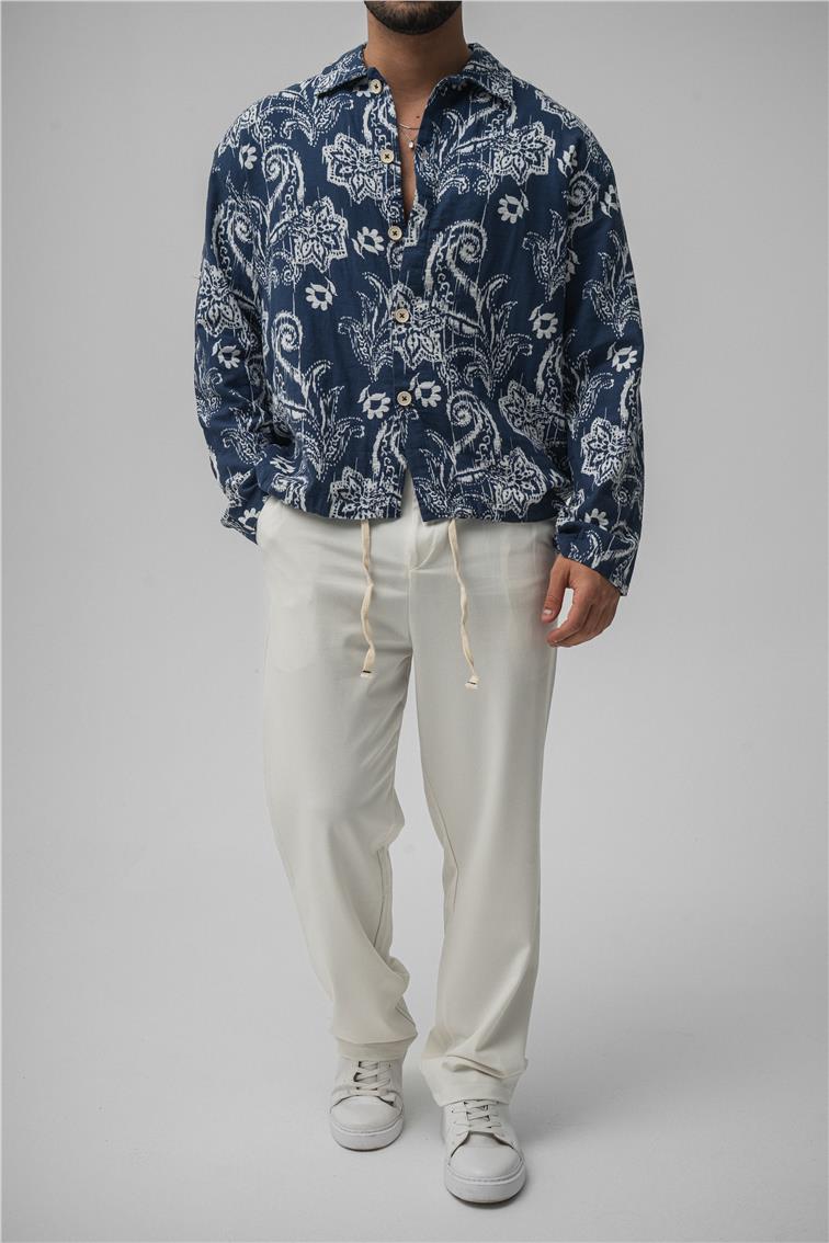 Keten Tropikal Gömlek Koyu Mavi