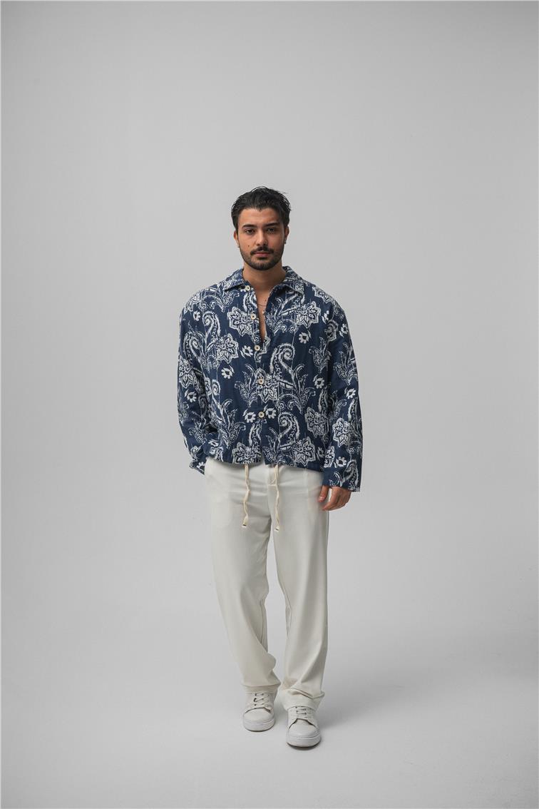 Keten Tropikal Gömlek Koyu Mavi