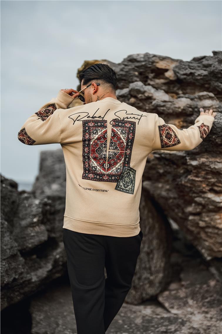 Kilim Desen Şardonlu Sweatshirt Bej