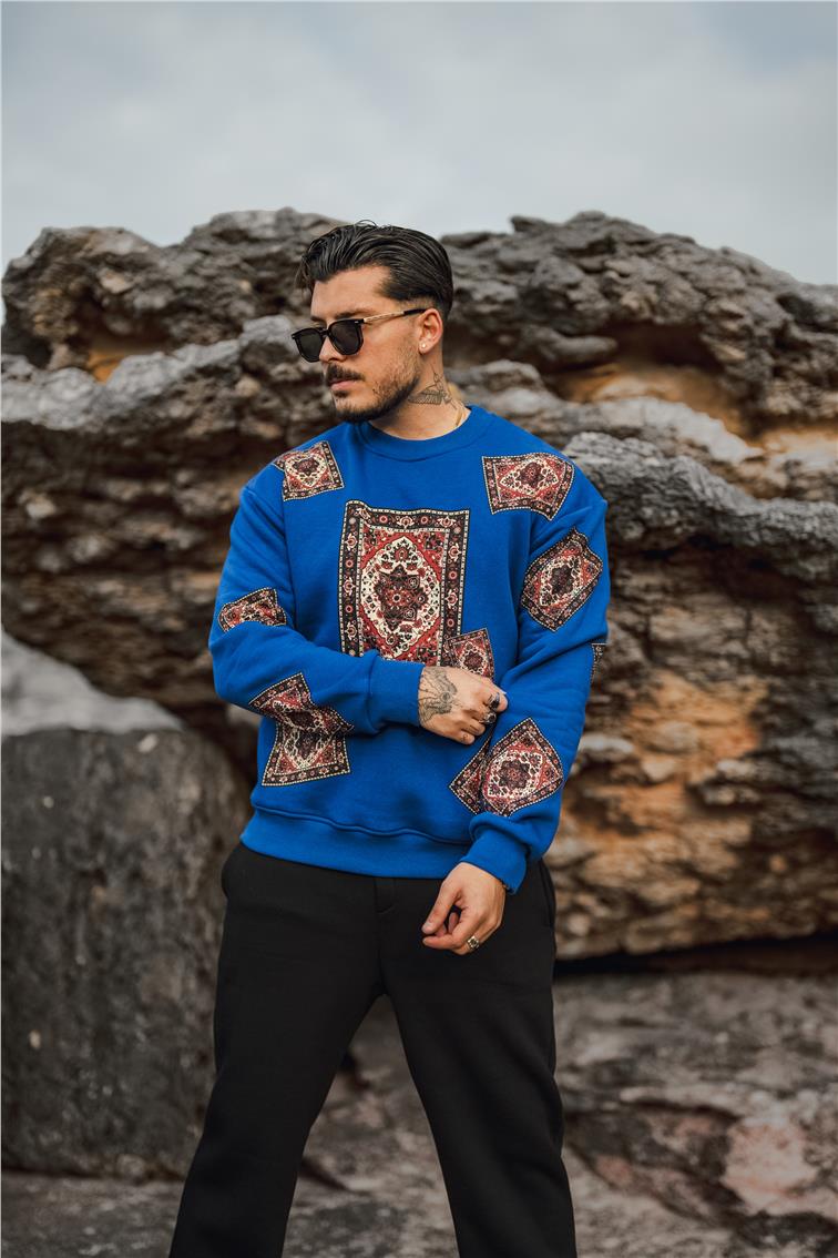Kilim Desen Şardonlu Sweatshirt Koyu Mavi