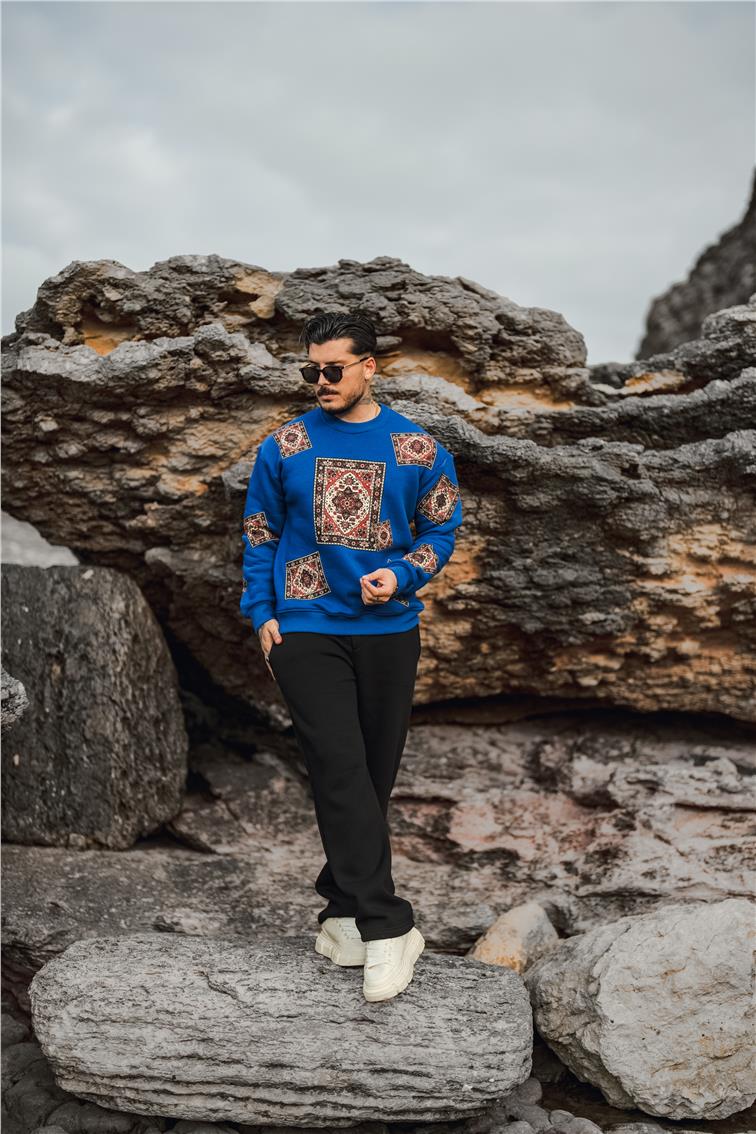 Kilim Desen Şardonlu Sweatshirt Koyu Mavi