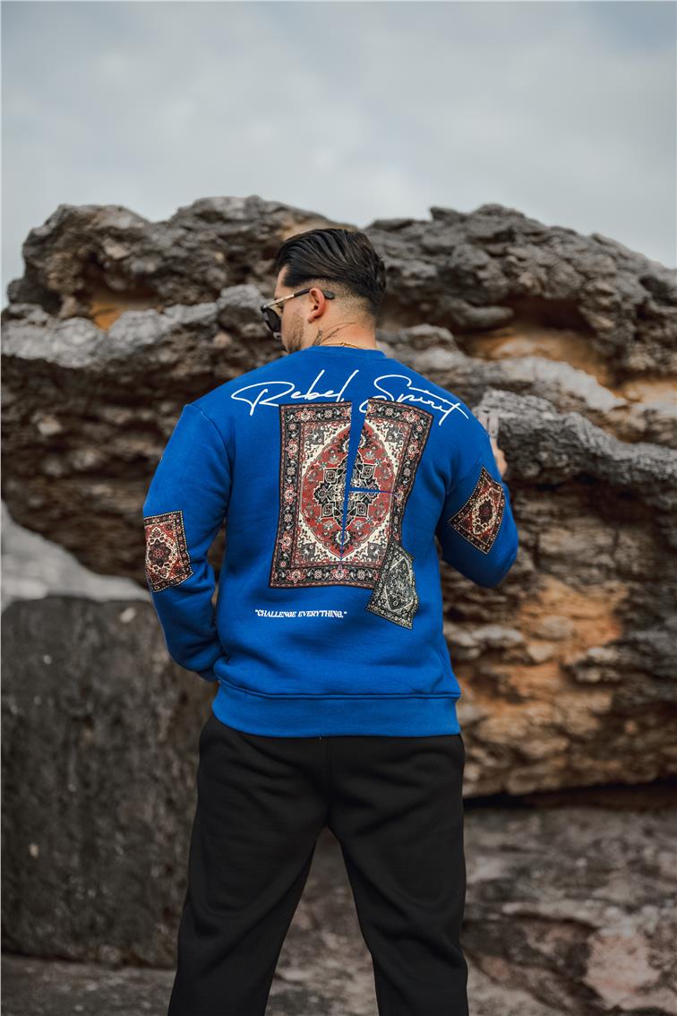 Kilim Desen Şardonlu Sweatshirt Koyu Mavi