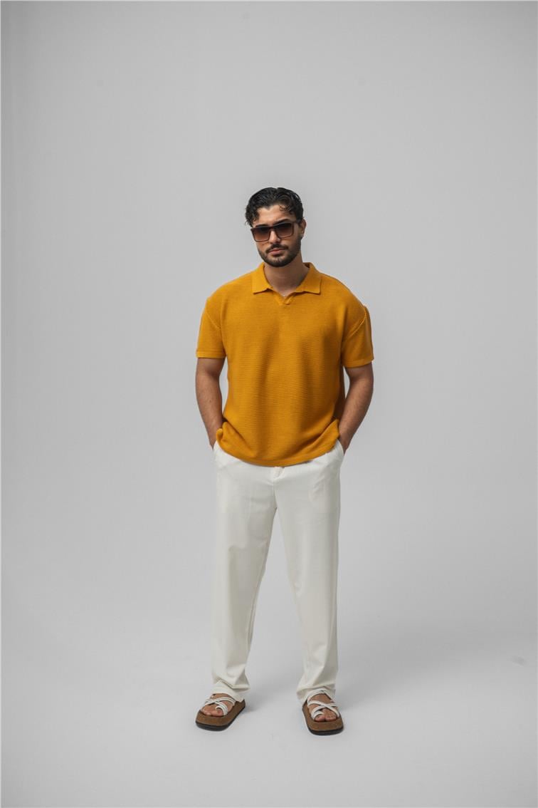 Knit Oversize Polo Yaka Hardal