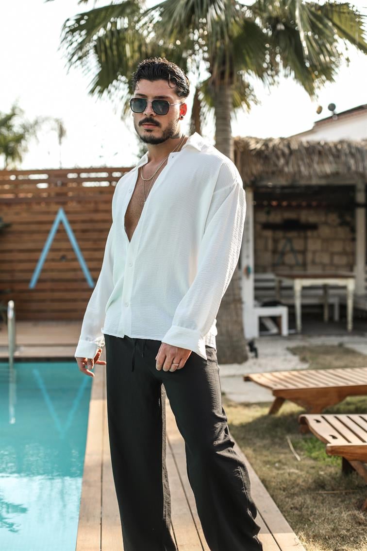 Special Dokulu Oversize Gömlek Beyaz