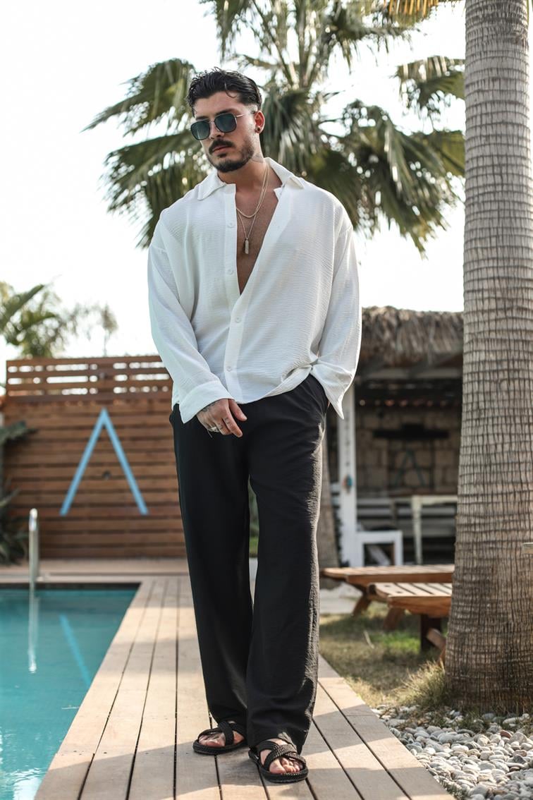 Special Dokulu Oversize Gömlek Beyaz