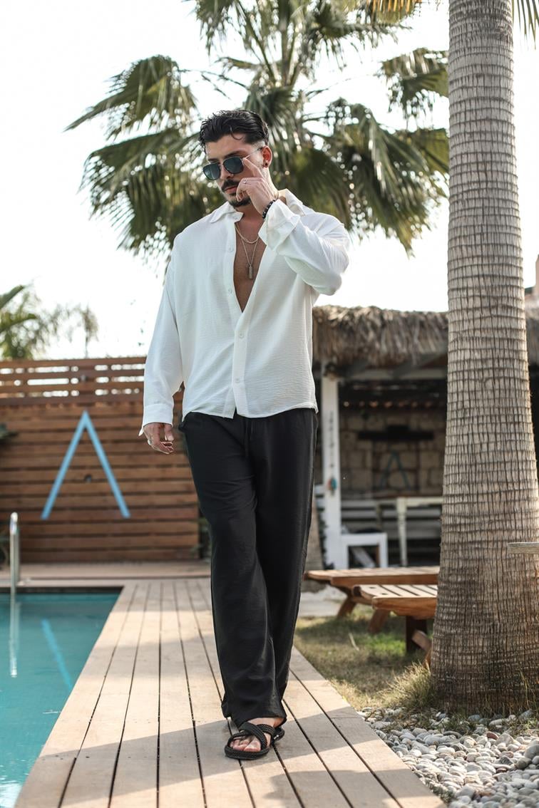 Special Dokulu Oversize Gömlek Beyaz