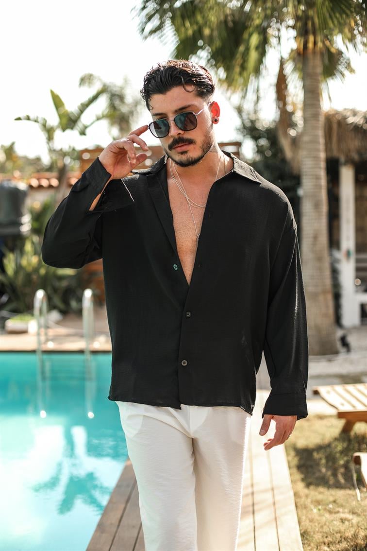 Special Dokulu Oversize Gömlek Siyah