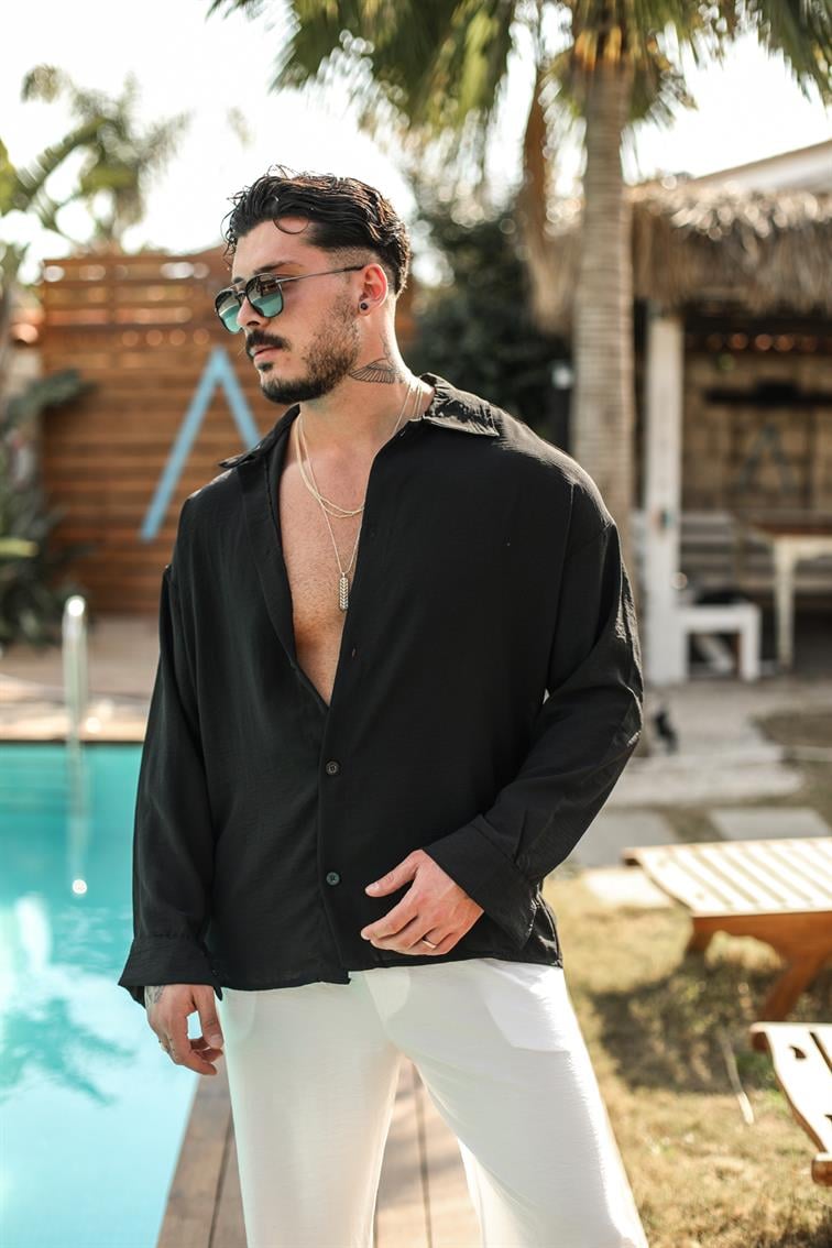 Special Dokulu Oversize Gömlek Siyah