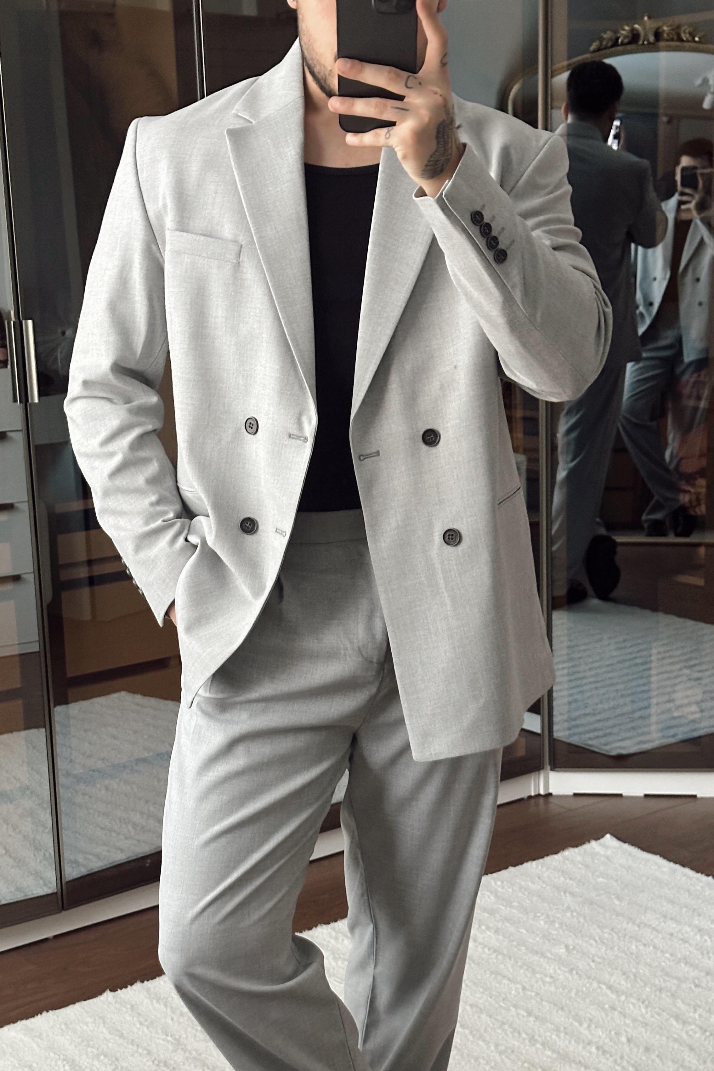 Kruvaze Oversize Casual Takım Gri