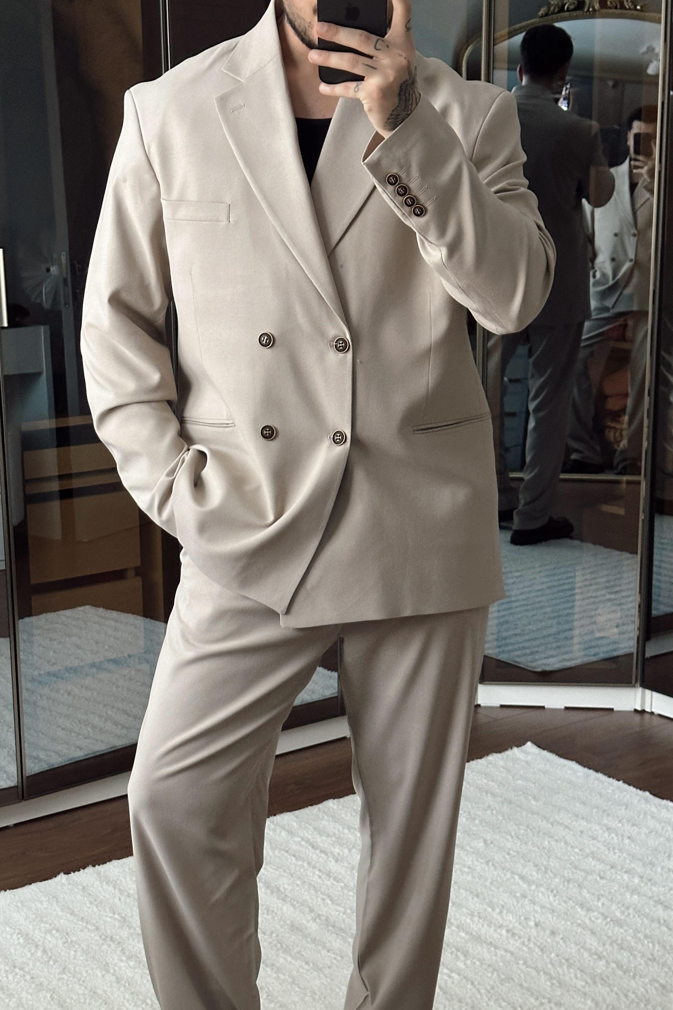 Kruvaze Oversize Casual Takım Krem