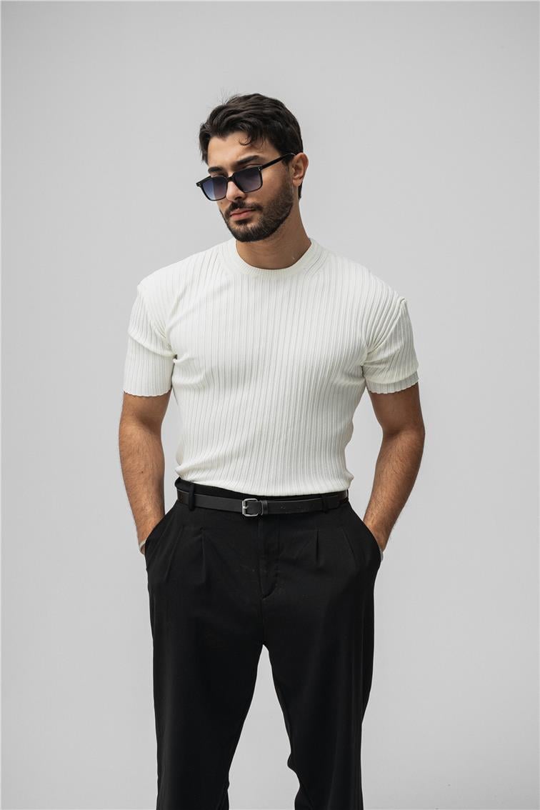Likralı Loose Fit Ribbed T-Shirt Beyaz
