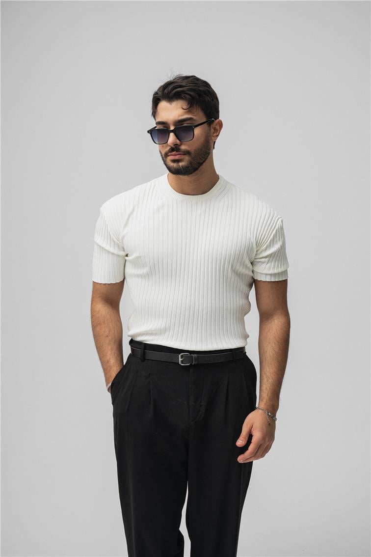 Likralı Loose Fit Ribbed T-Shirt Beyaz