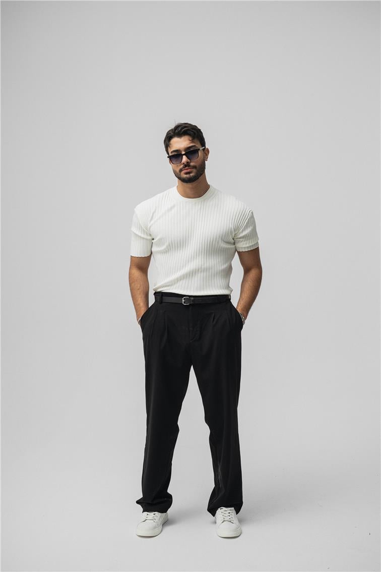 Likralı Loose Fit Ribbed T-Shirt Beyaz