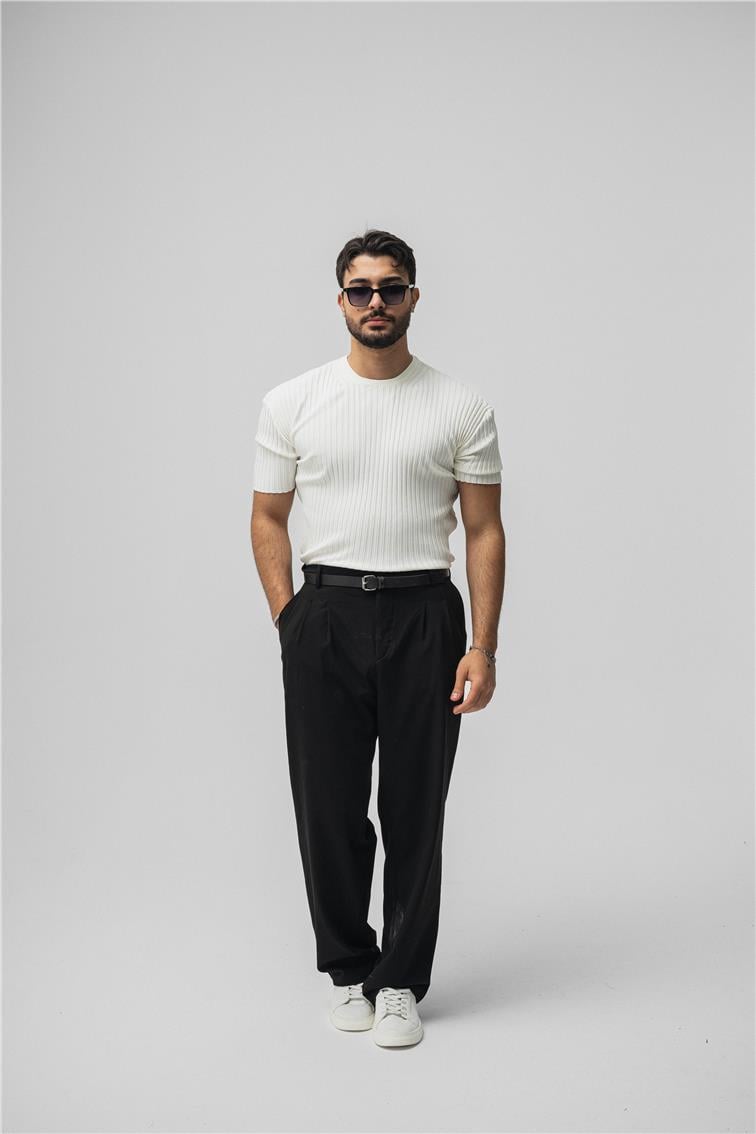 Likralı Loose Fit Ribbed T-Shirt Beyaz