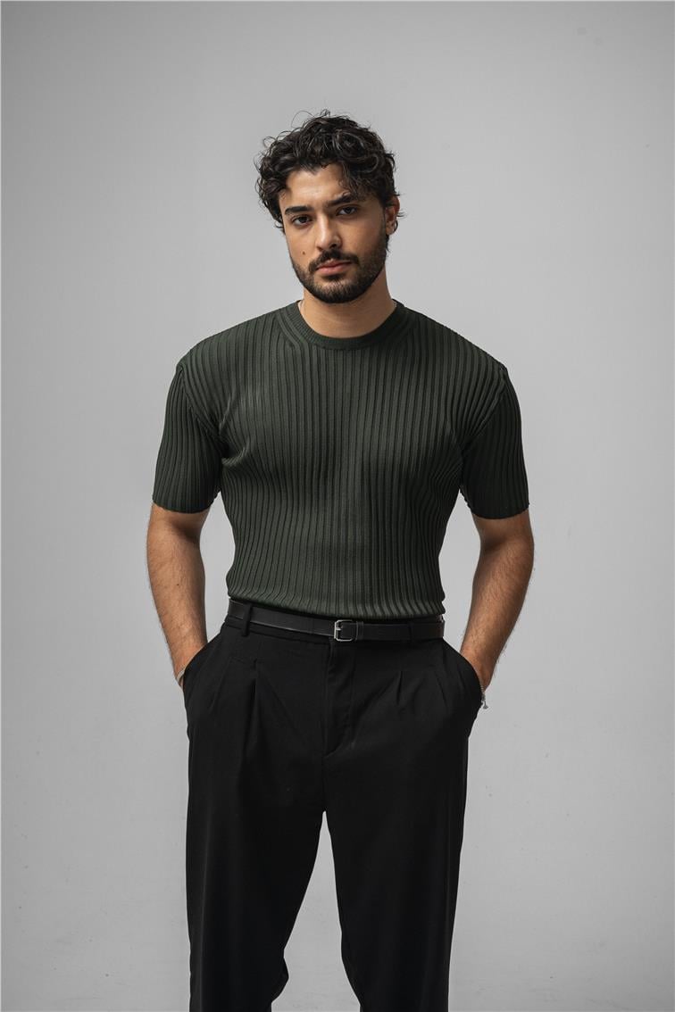 Likralı Loose Fit Ribbed T-Shirt Koyu Yeşil