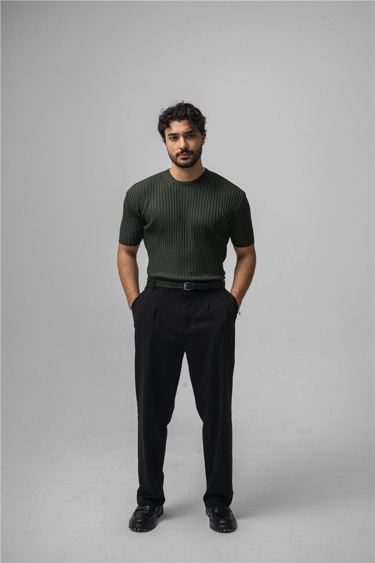 Likralı Loose Fit Ribbed T-Shirt Koyu Yeşil