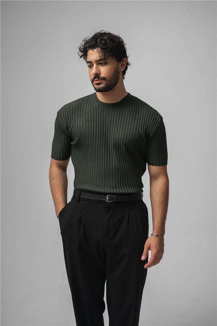 Likralı Loose Fit Ribbed T-Shirt Koyu Yeşil