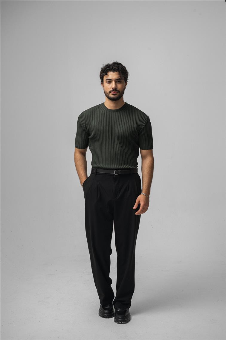 Likralı Loose Fit Ribbed T-Shirt Koyu Yeşil