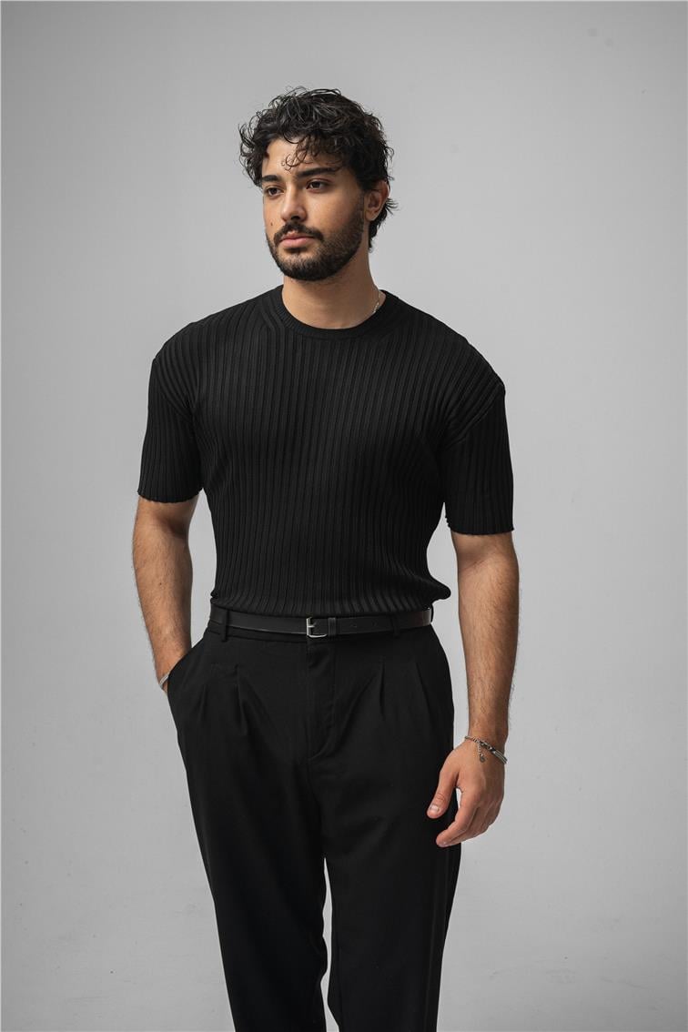 Likralı Loose Fit Ribbed T-Shirt Siyah