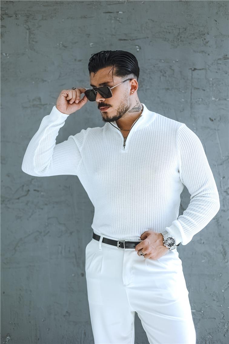 Likralı Örme Yarım Fermuarlı Slim Fit Kazak Beyaz