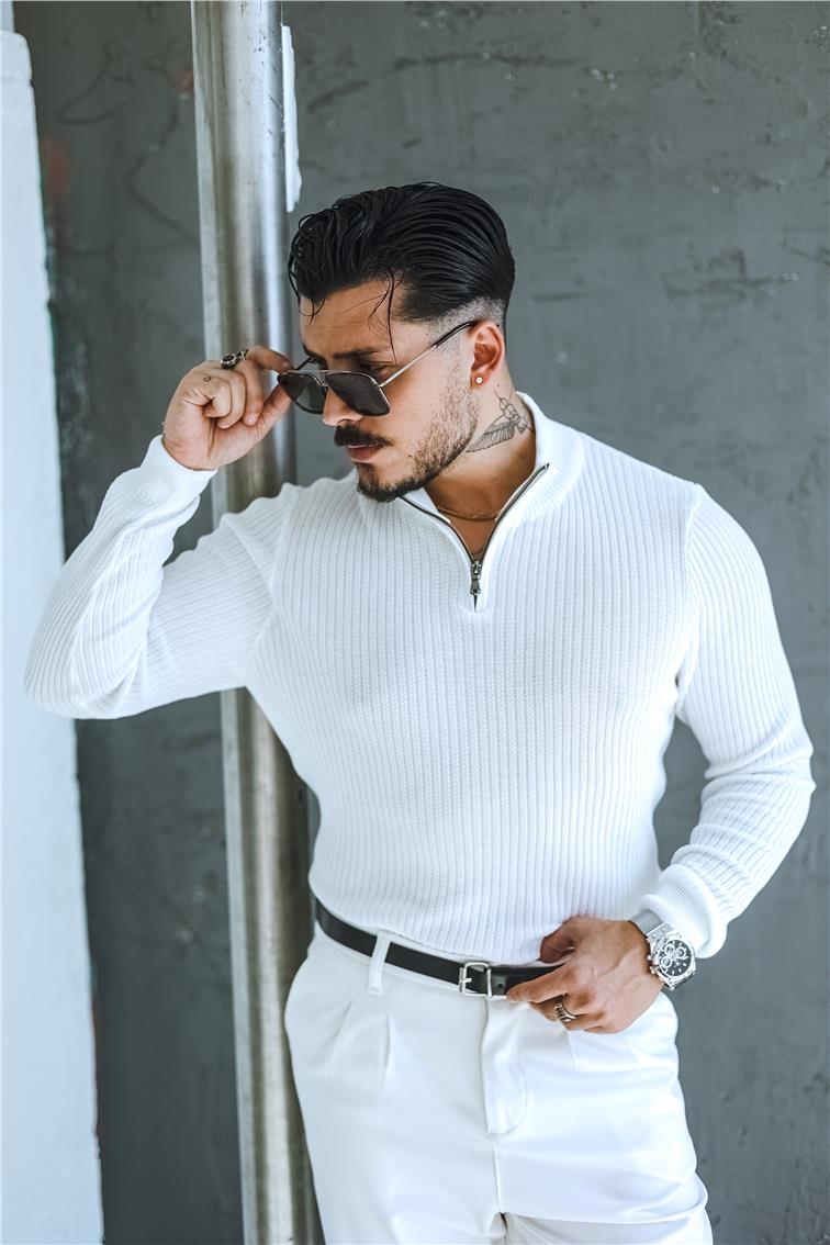 Likralı Örme Yarım Fermuarlı Slim Fit Kazak Beyaz