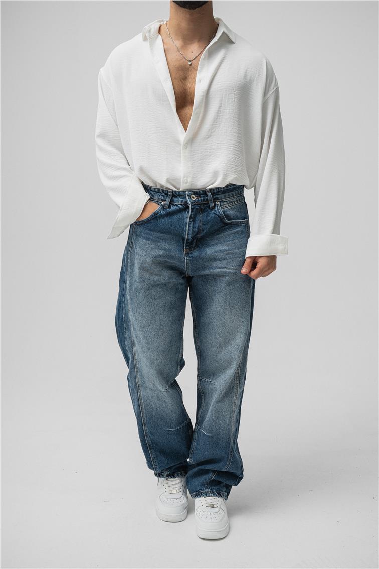 Line Baggy Jean Yıkamalı Mavi