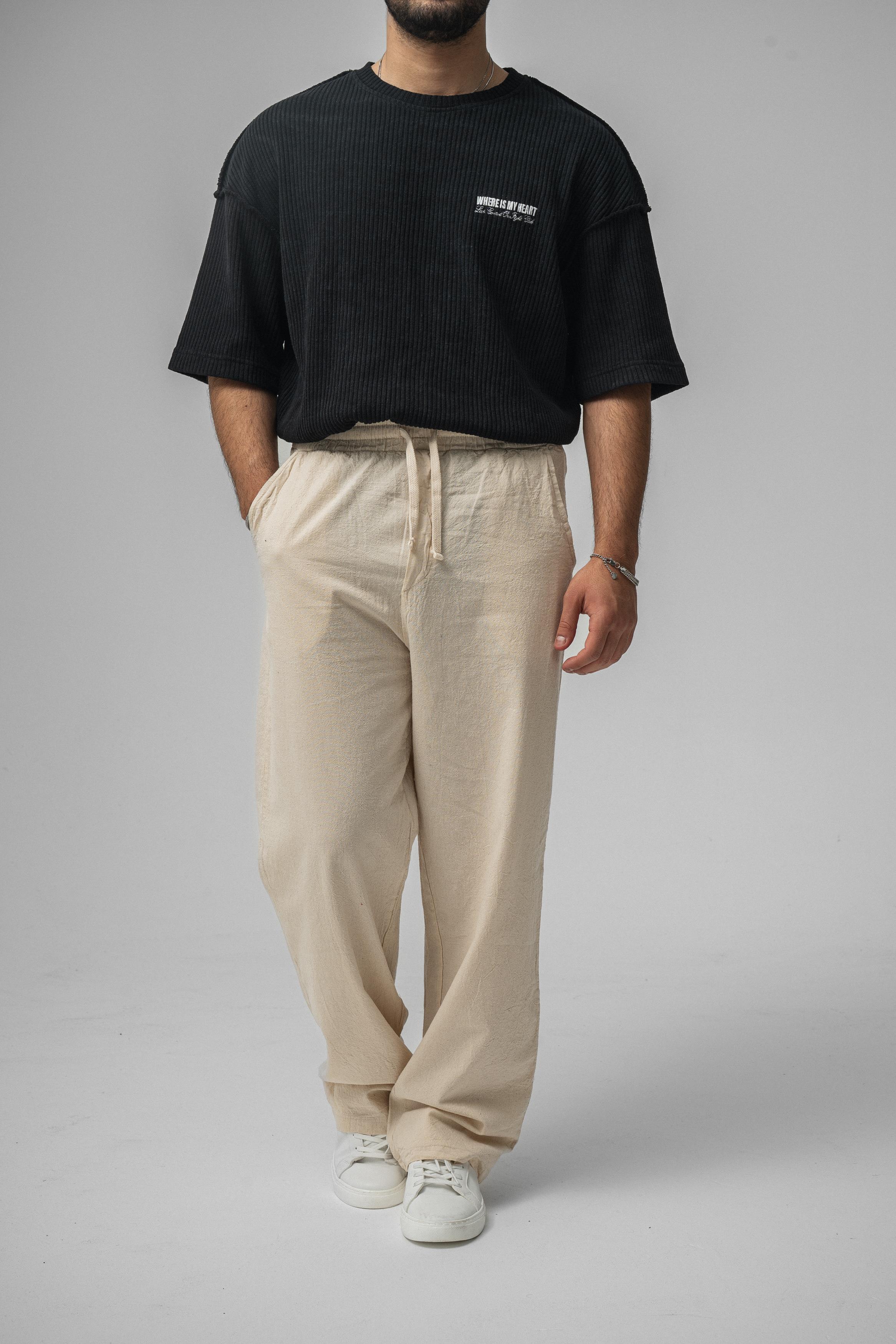 Linen Bel Bağlamalı Baggy Krem