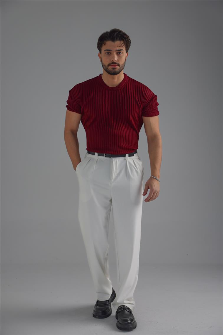 Loose Fit Ribbed T-Shirt Bordo