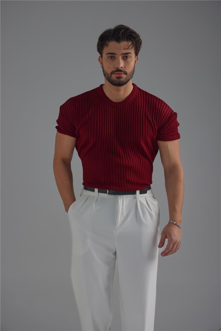 Loose Fit Ribbed T-Shirt Bordo