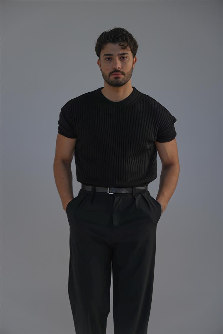 Loose Fit Ribbed T-Shirt Siyah