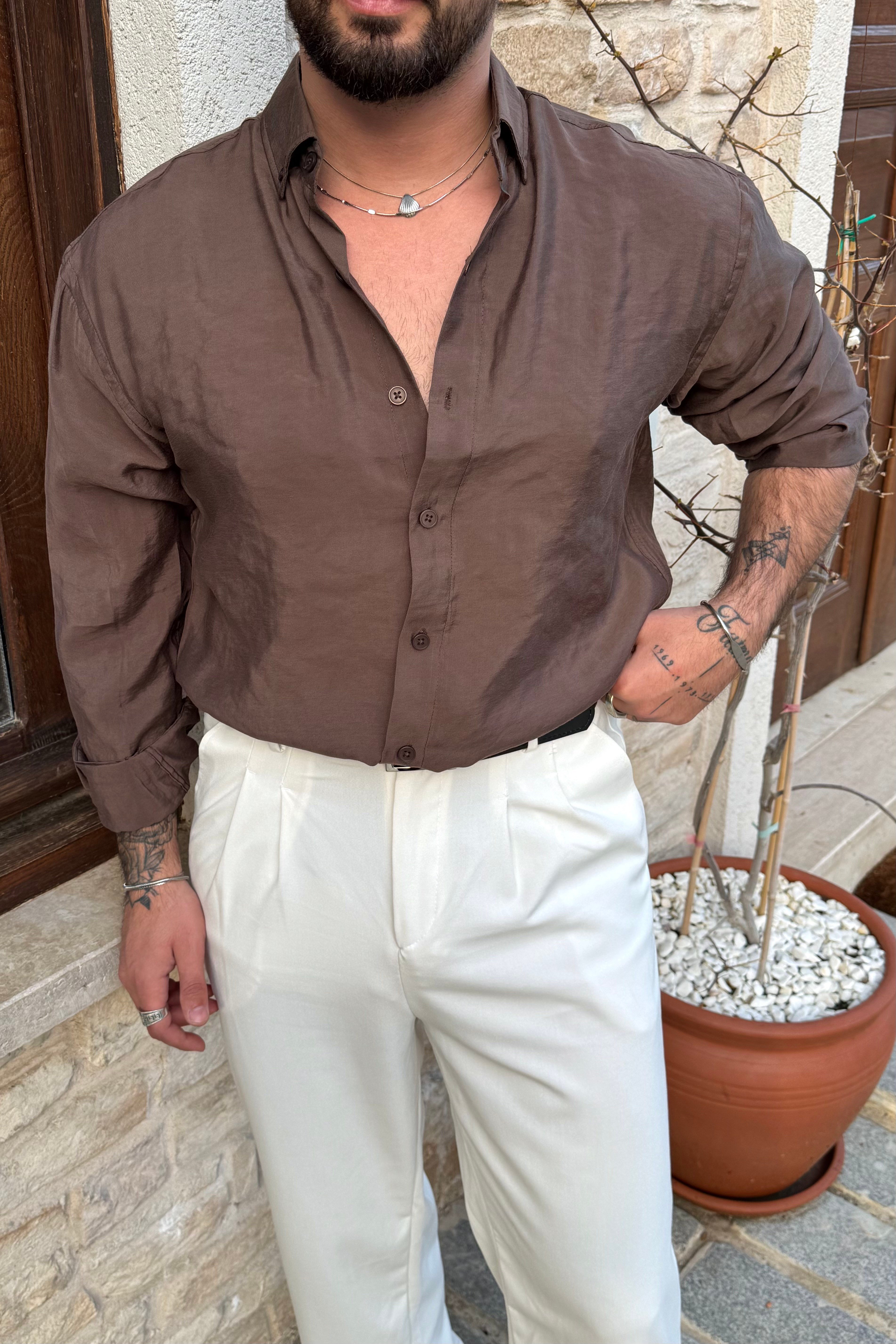 Lyocell Organik Basic Oversize Gömlek Kahve