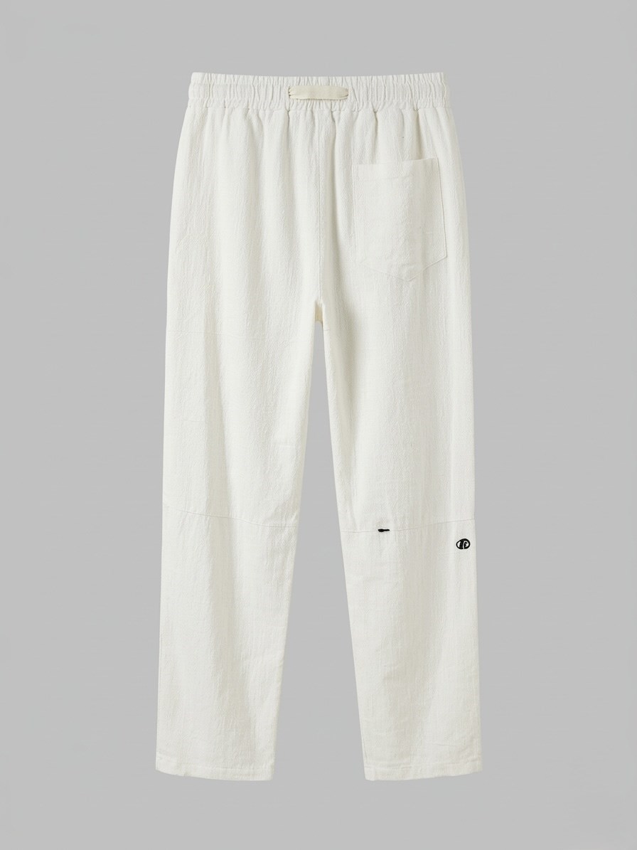Minimal Baskılı Keten Baggy Pantolon Beyaz