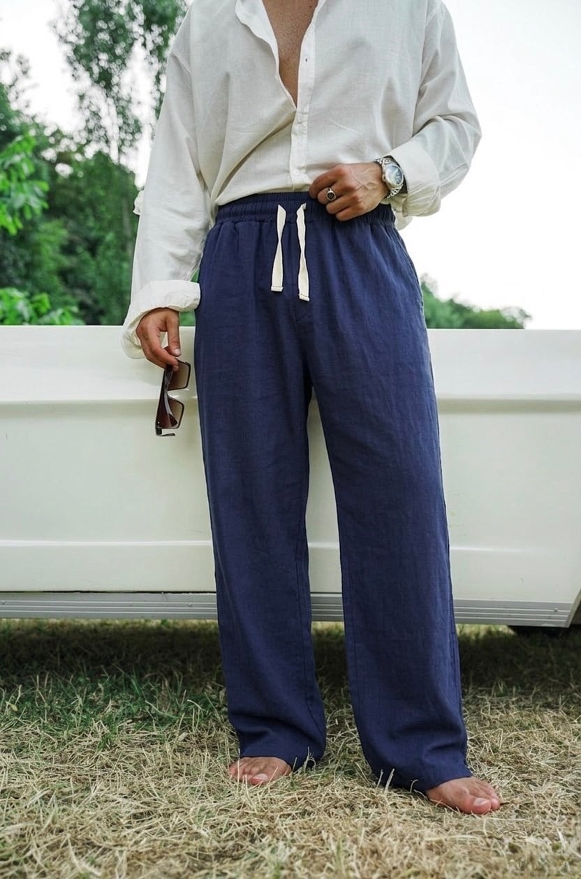 Minimal Baskılı Keten Baggy Pantolon Lacivert