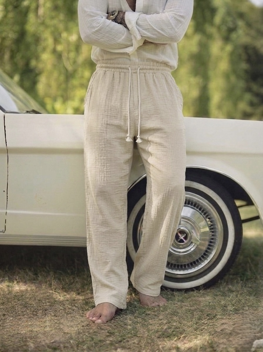 Müslin Bağlamalı Baggy Pantolon Krem