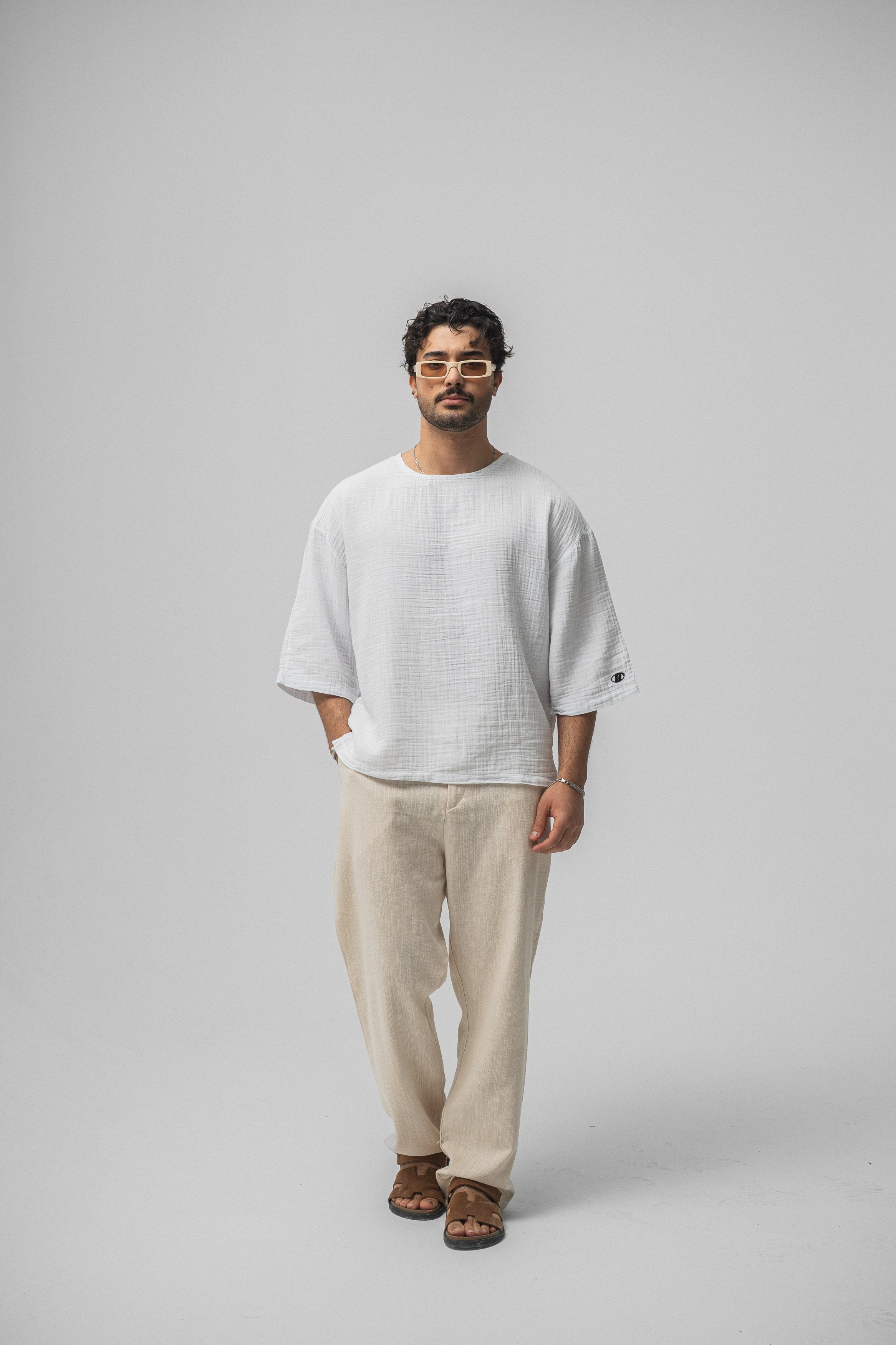Müslin Fakir Kol Oversize Tshirt Beyaz