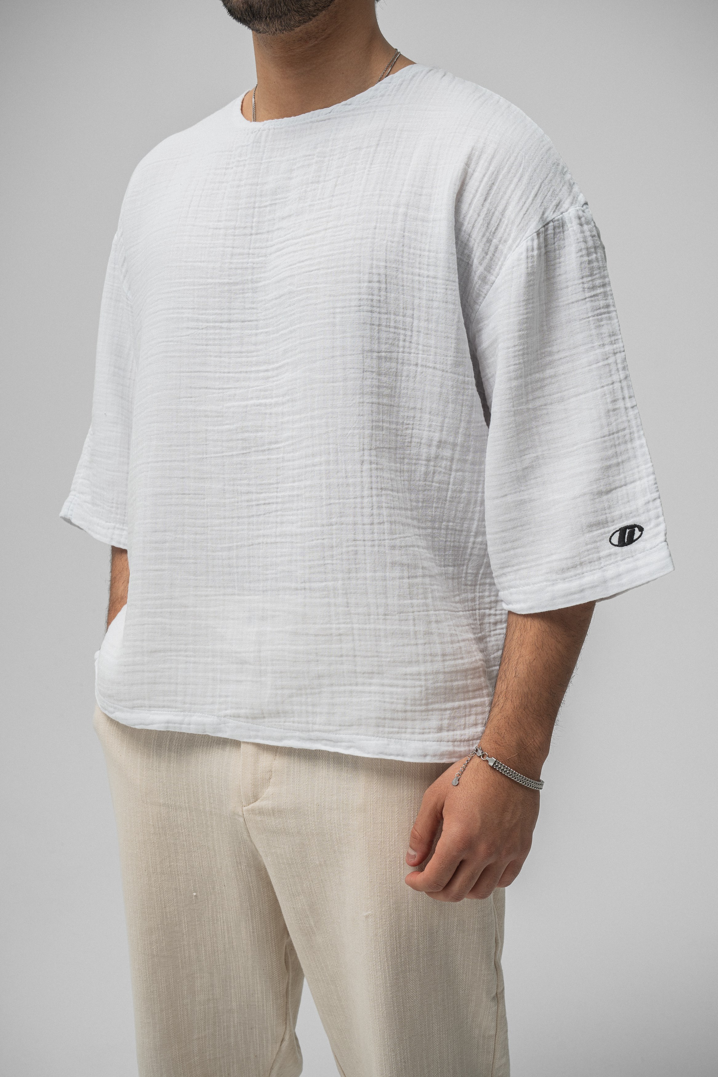 Müslin Fakir Kol Oversize Tshirt Beyaz