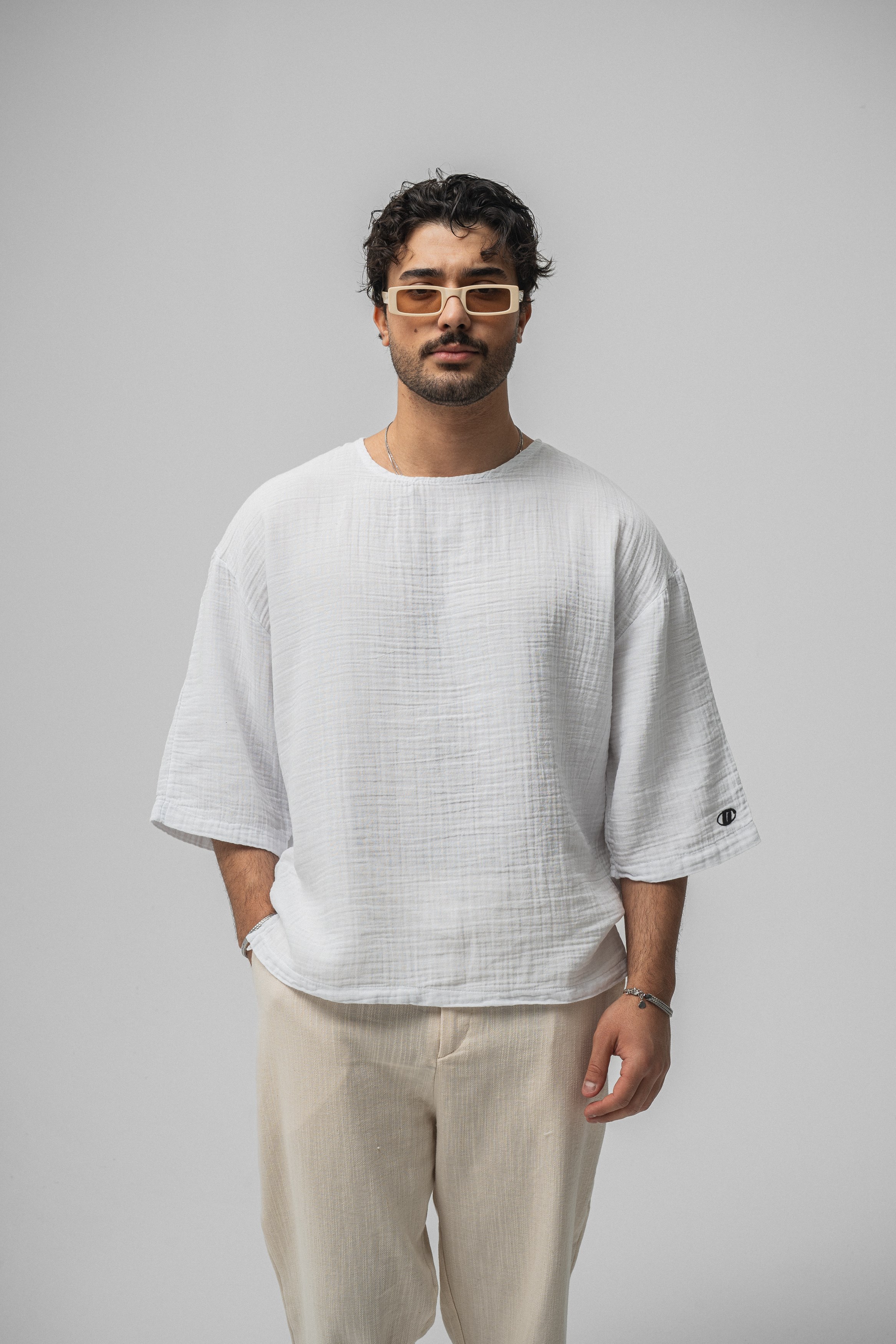 Müslin Fakir Kol Oversize Tshirt Beyaz