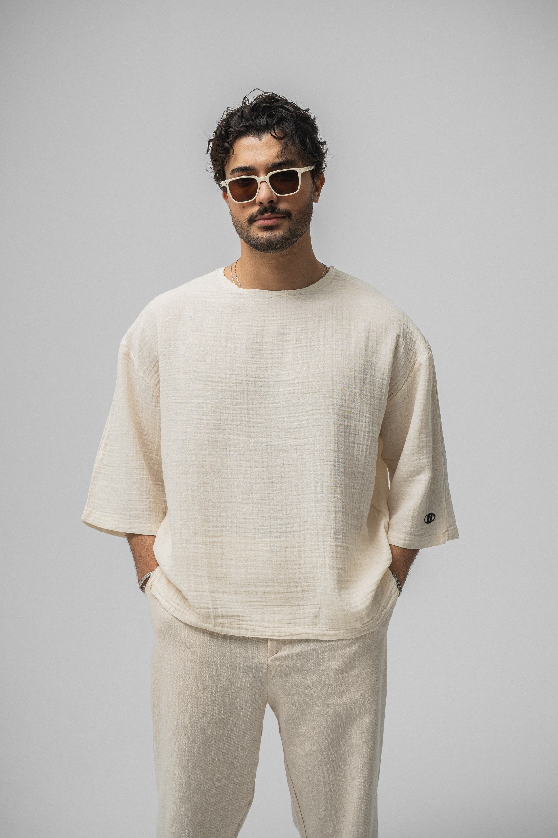 Müslin Fakir Kol Oversize Tshirt Krem