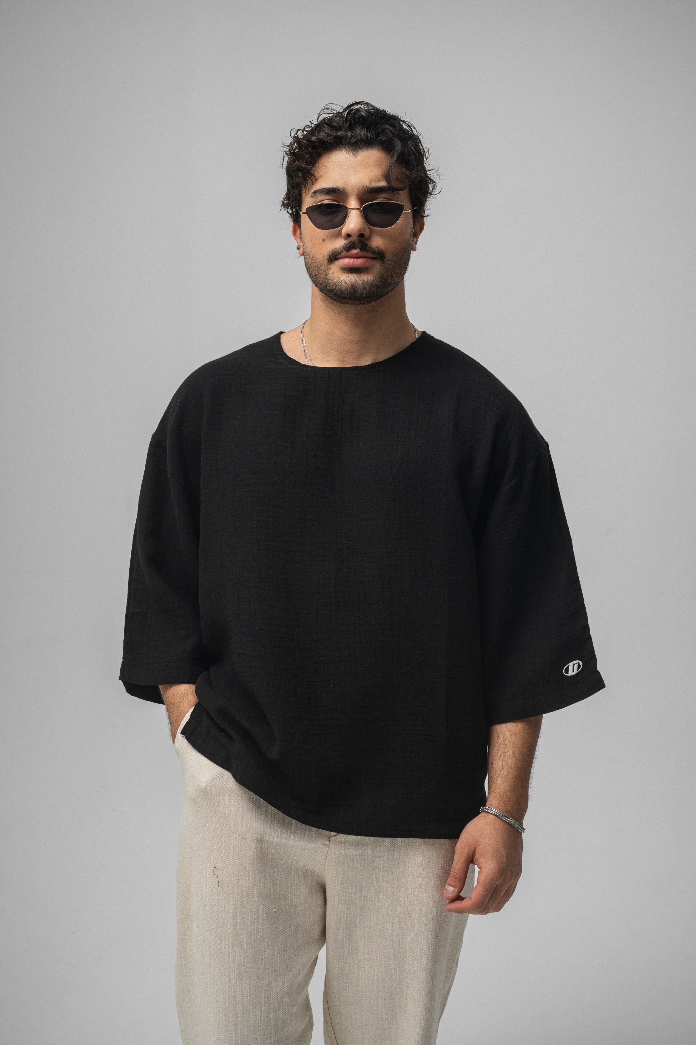 Müslin Fakir Kol Oversize Tshirt Siyah