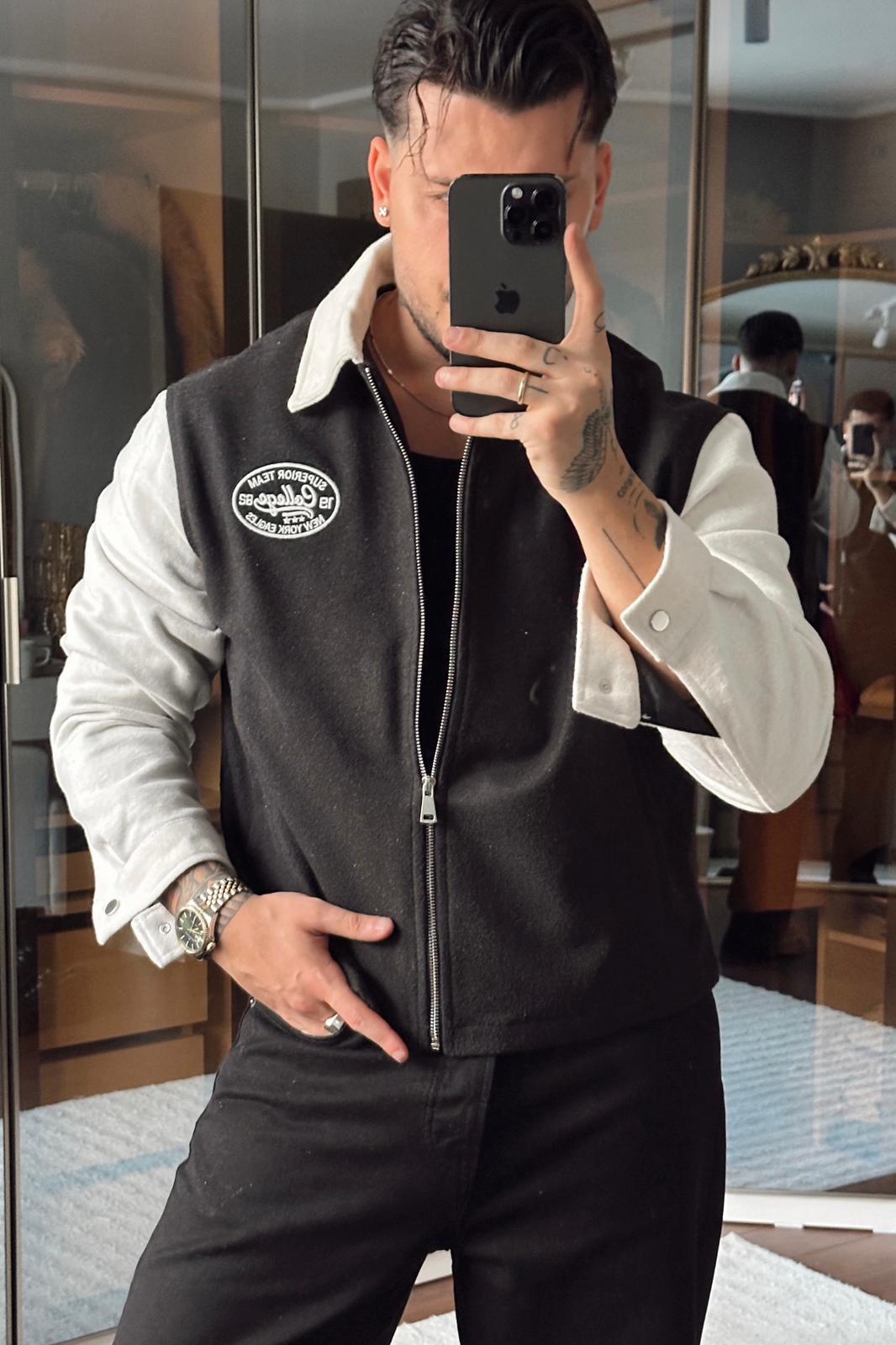 Nakışlı Bol Kalıp Kaşe Ceket Siyah